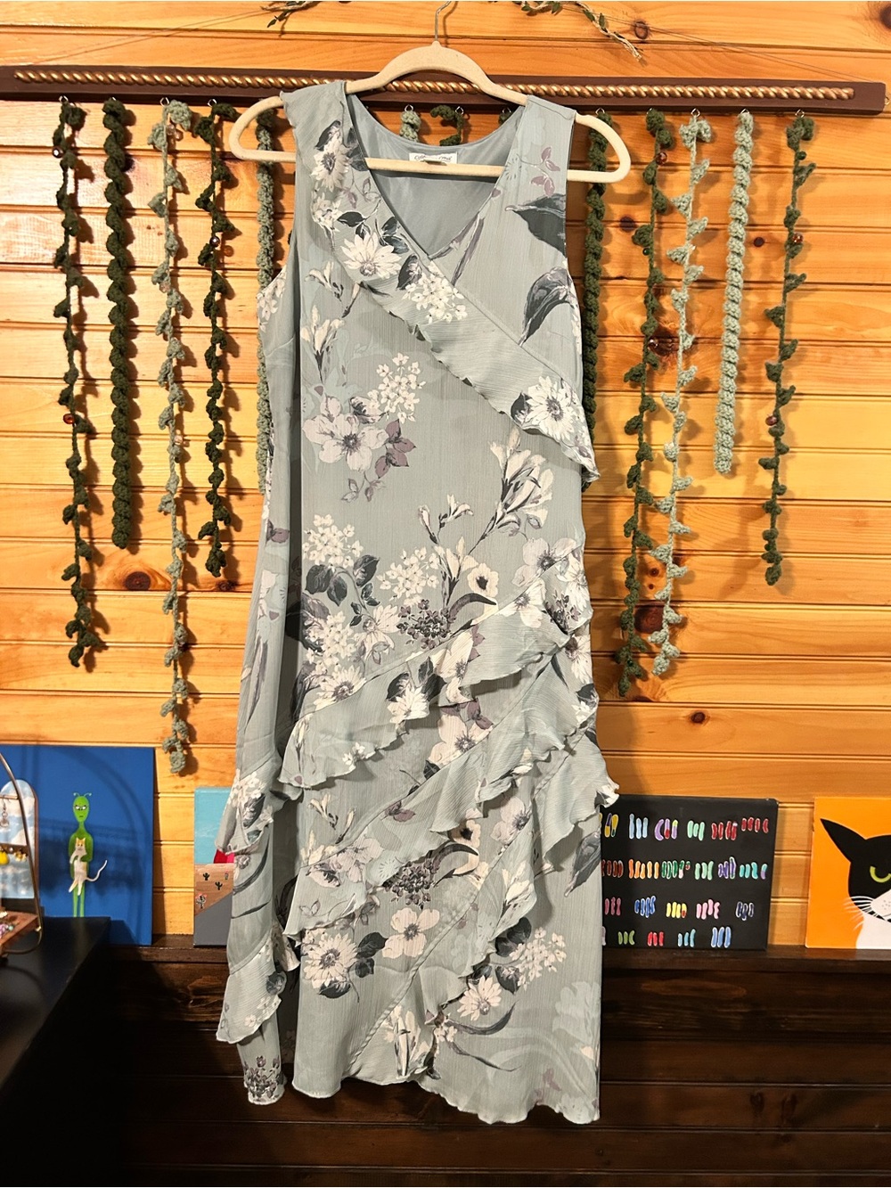 Coldwater Creek Sage Green Floral High-Low Ruffle Dress